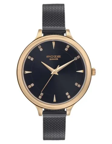 Sonata Poze Quartz Analog Black Dial Metal Strap Watch for Women
