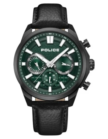 Police Quartz Multifunction Green Dial Black Leather Strap Watch For Men