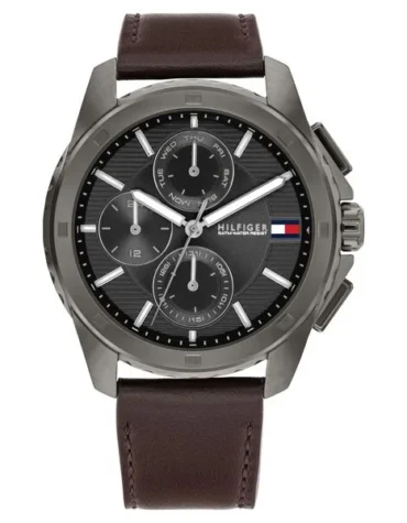 Tommy Hilfiger Quartz Multifunction Grey Dial Brown Leather Strap Watch for Men