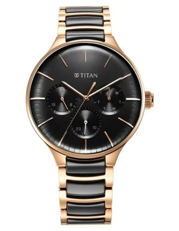 Titan Ceramic Fusion Quartz Multifunction Black Dial Rose Gold Dual-Toned Stainless Steel Bracelet Watch for Men