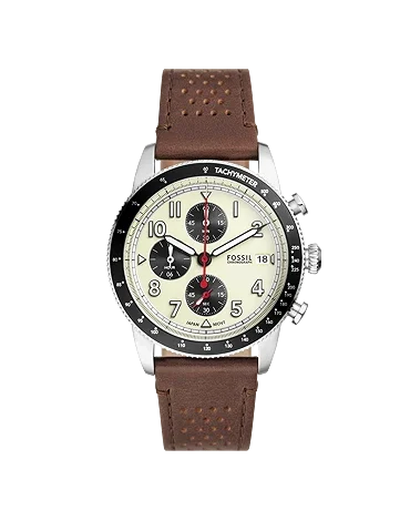 Fossil New Sport Tourer Beige Dial Leather Chronograph Watch For Men - FS6042